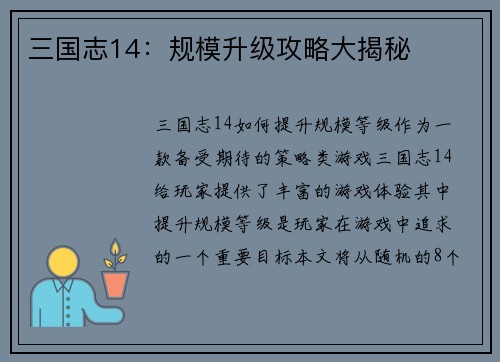 三国志14：规模升级攻略大揭秘